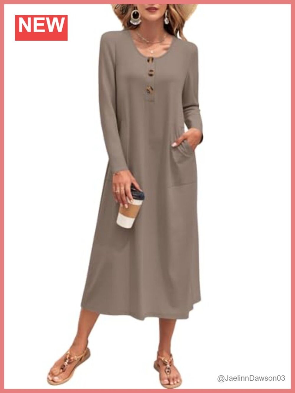 Long Sleeve Button Front Knit Midi Dress with Pockets Casual